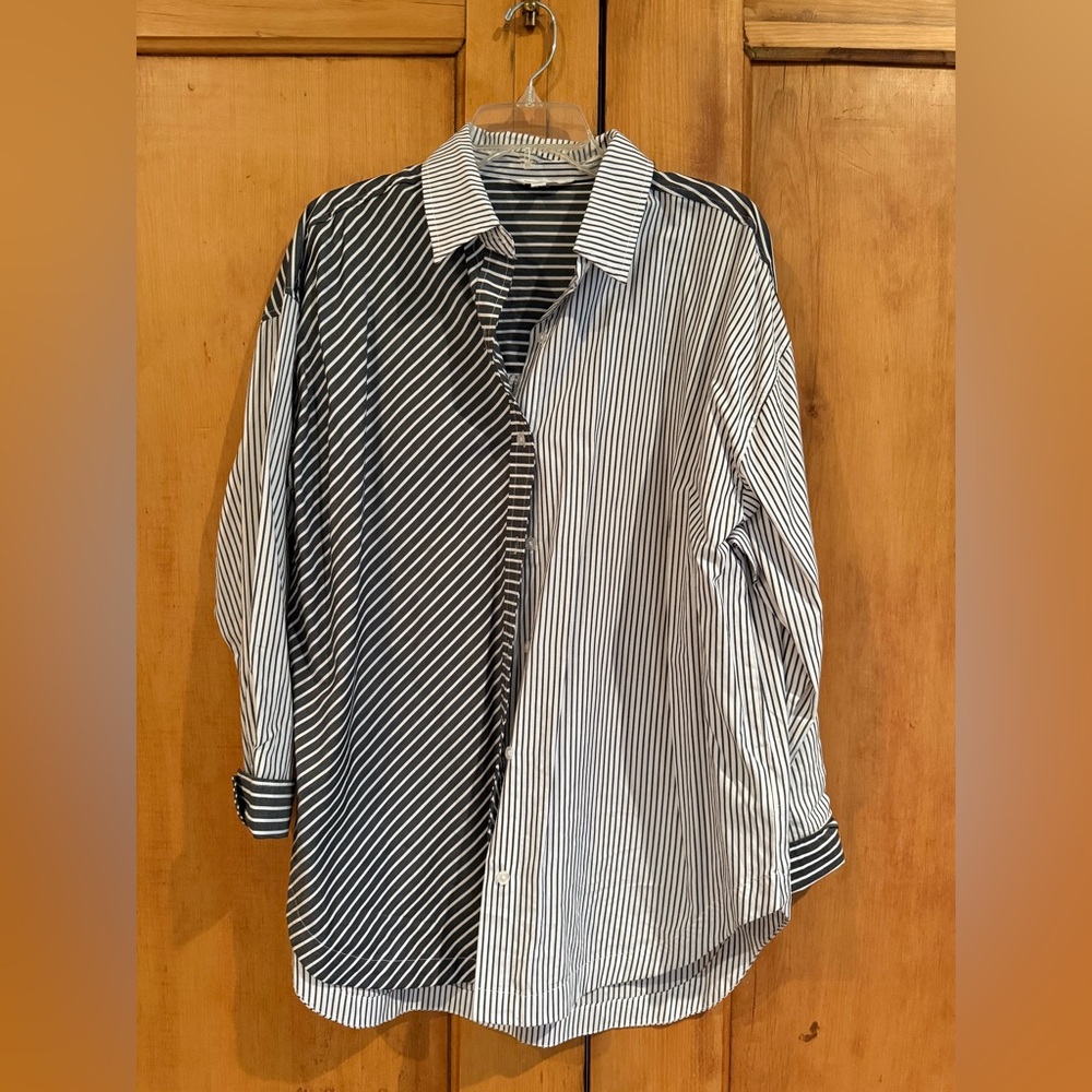 Black and white two fabric stripe button down shirt